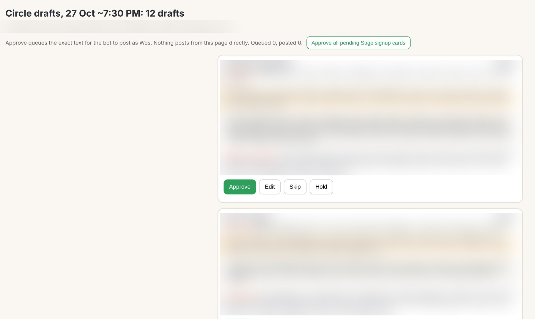 Circle reply drafts with Approve, Edit, Skip, Hold (names blurred)