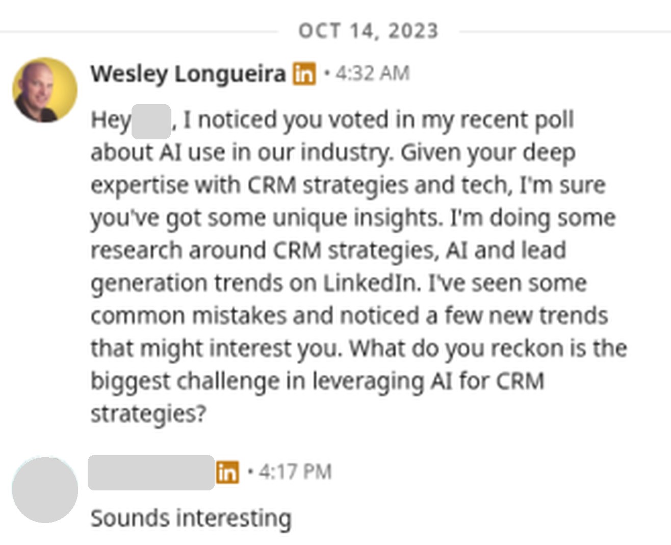 Wes's message to a poll voter (their name and photo hidden)